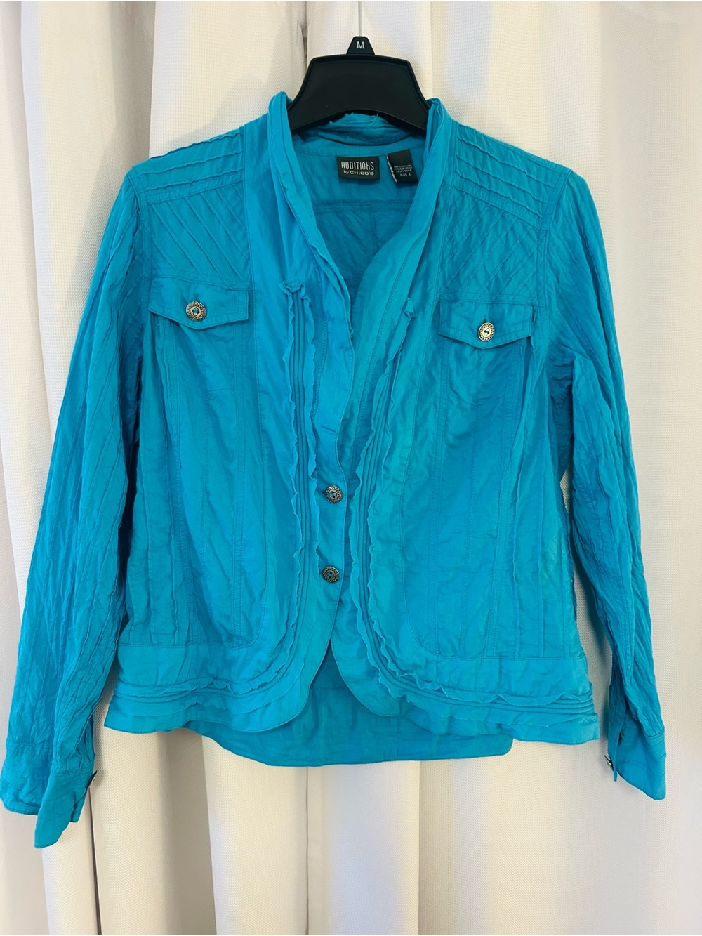 Chico's Bright Teal Ruffle-Trim Button Jacket
